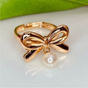Elegant Gold Bow Adjustable Ring with Pearl Charm